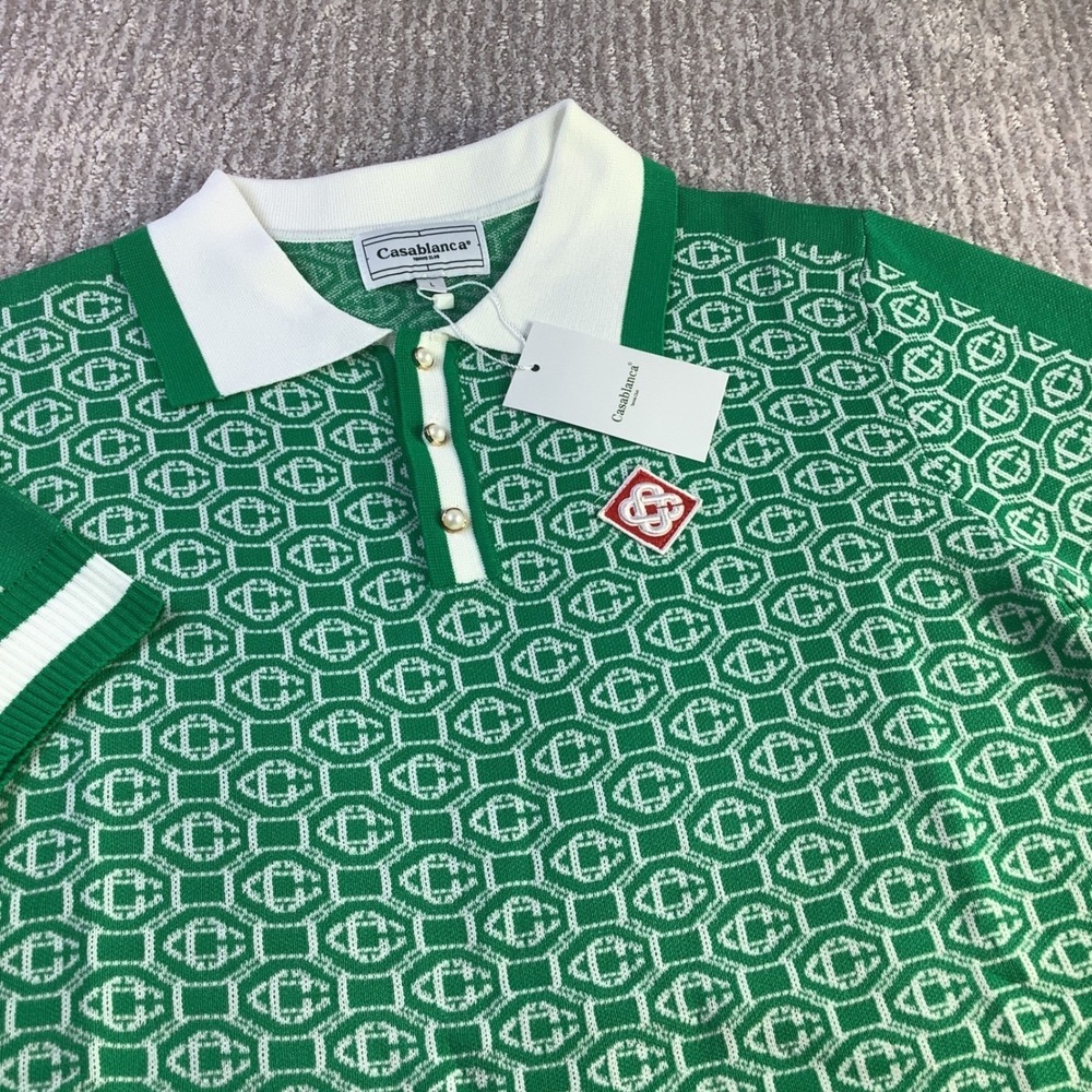 Casablanca Tennis Club Green Geometric Knit Polo Shirt Size L NWT